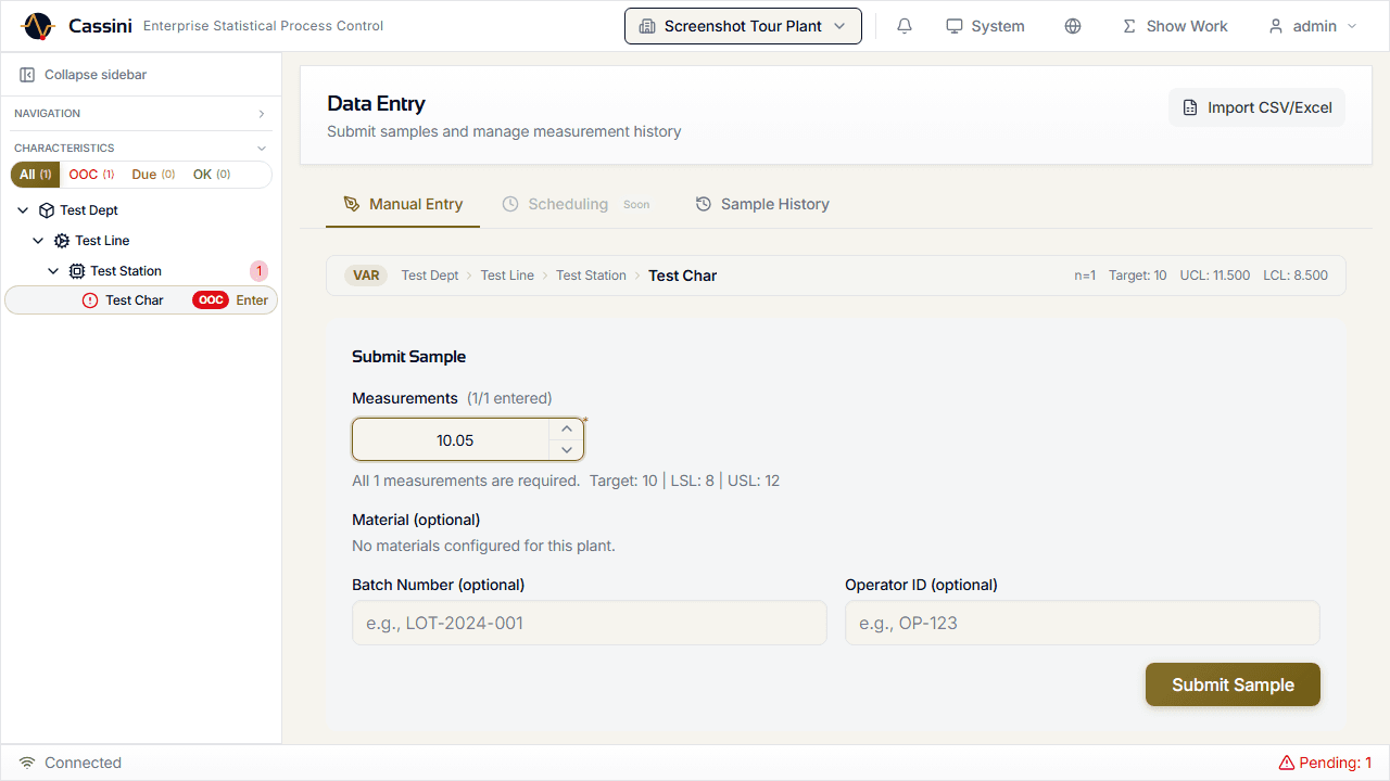 Cassini data entry screen with manual measurement input, spec limit validation, and batch tracking
