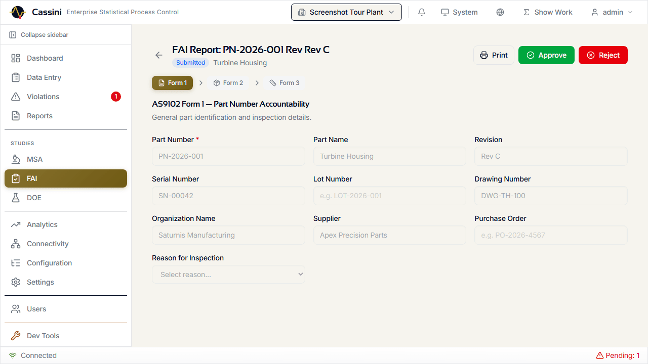 Cassini First Article Inspection report showing AS9102 Form 1 with part accountability fields, approval workflow, and print export